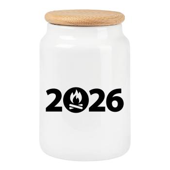 Feu de camp 2026, Camping 2026 - Boîte à biscuits avec couvercle en bois - blanc - Devant