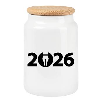 Writer 2026, Poet 2026, Fountain Pen 2026 - Cookie Jar with Wooden Lid - white - Front