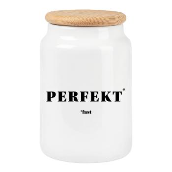 PARFAIT – PRESQUE | Déclaration minimale ironique - Boîte à biscuits avec couvercle en bois - blanc - Devant
