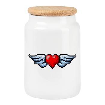 Retro Pixel Art Winged Heart - Cookie Jar with Wooden Lid - white - Front