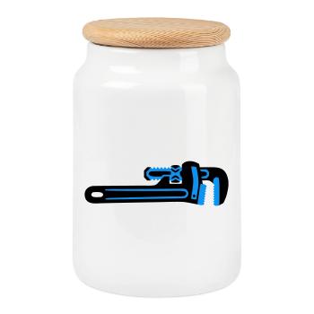Pipe Wrench Tool Plumber - Cookie Jar with Wooden Lid - white - Front