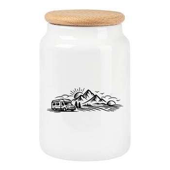 Camping Car Landscape - Cookie Jar with Wooden Lid - white - Front