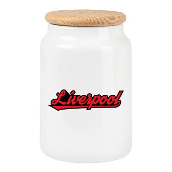 Liverpool Script on Black - Cookie Jar with Wooden Lid - white - Front