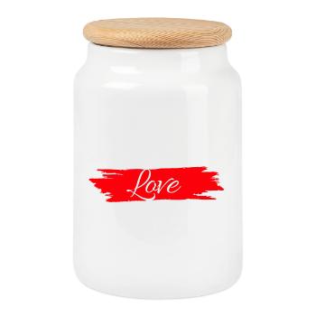 Love with red paint stripe # - Cookie Jar with Wooden Lid - white - Front