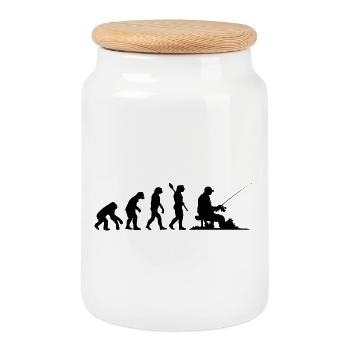 Funny Human Evolution Fisherman Fishing Lover - Cookie Jar with Wooden Lid - white - Front