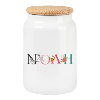 NOAH Namenskunst mit gestickten Blumen - Keksdose mit Holzdeckel - Weiß - Vorne