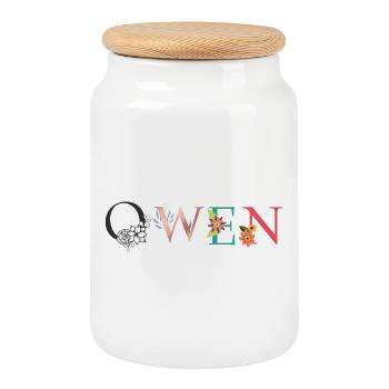 OWEN Namenskunst mit gestickten Blumen - Keksdose mit Holzdeckel - Weiß - Vorne