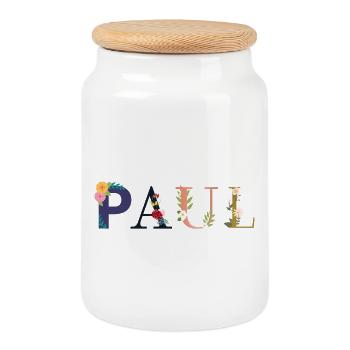 PAUL Name mit Blumen geschmückt - Keksdose mit Holzdeckel - Weiß - Vorne
