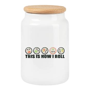 Sushi Spruch lustig - This is how I roll - Cookie Jar with Wooden Lid - white - Front