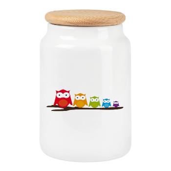 Famille de hiboux colorés assis ensemble sur la branche - Boîte à biscuits avec couvercle en bois - blanc - Devant