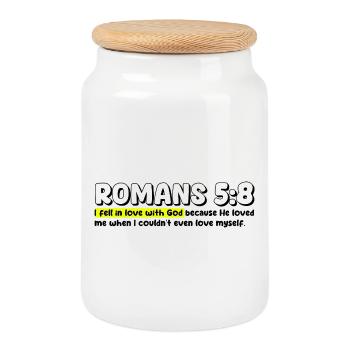Romans 5:8 | Bible Quote - Cookie Jar with Wooden Lid - white - Front