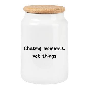 Chasing Moments, Not Things – Life motto for real - Cookie Jar with Wooden Lid - white - Front