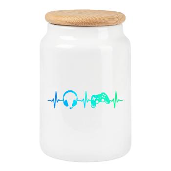 Gamer Heartbeat Gaming Controller Gamepad Headset - Cookie Jar with Wooden Lid - white - Front