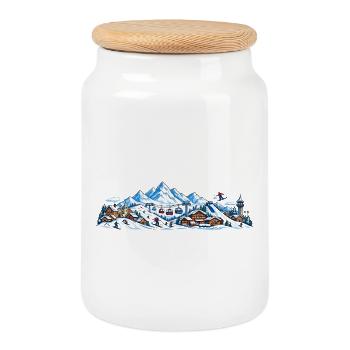 Alpine winter village with gondolas - Cookie Jar with Wooden Lid - white - Front