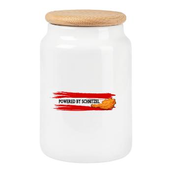Powered By Schnitzel Österreich Humor Shirt - Keksdose mit Holzdeckel - Weiß - Vorne