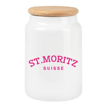 St. Moritz - Suisse - Switzerland - Swiss - Cookie Jar with Wooden Lid - white - Front