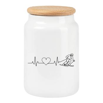 Skiing Love Pulse Heartbeat - Cookie Jar with Wooden Lid - white - Front