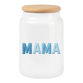 MAMA Denim Lettering Patchwork Trend - Cookie Jar with Wooden Lid - white - Front