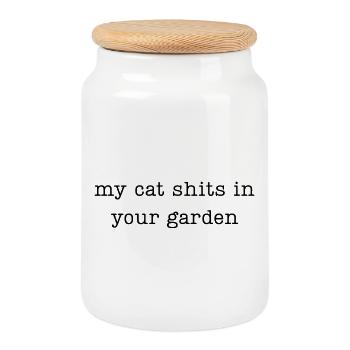 Mon chat fait caca dans ton jardin - Boîte à biscuits avec couvercle en bois - blanc - Devant