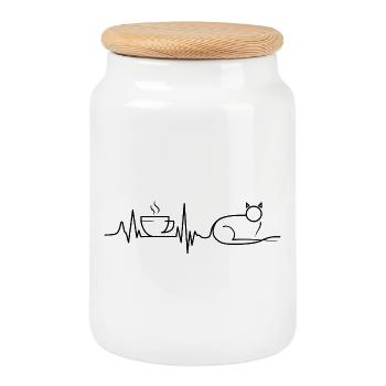 Café, battements de cœur et chat, ECG, buveur de café. - Boîte à biscuits avec couvercle en bois - blanc - Devant