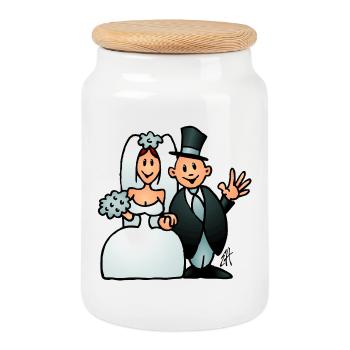 Vintage Wedding Couple Illustration - Cookie Jar with Wooden Lid - white - Front