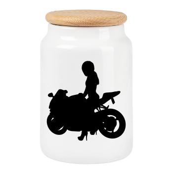 Motorradfahrerin - Keksdose mit Holzdeckel - Weiß - Vorne