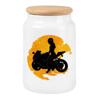 Motorradfahrerin - Keksdose mit Holzdeckel - Weiß - Vorne