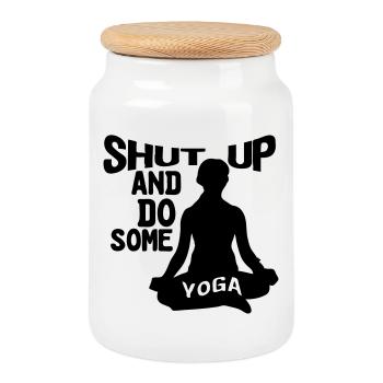Shut up and do some Yoga, Yoga, Fitness, Geschenk - Keksdose mit Holzdeckel - Weiß - Vorne