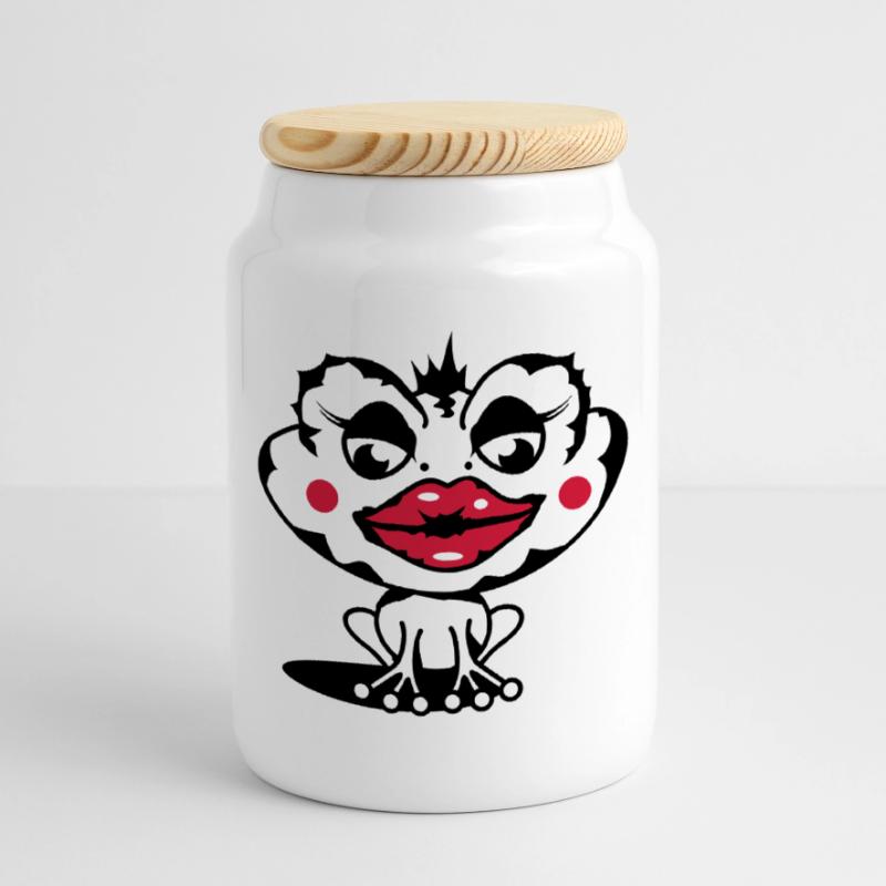 A toad with a thick lip Cookie Jar with Wooden Lid