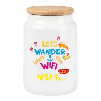 Travel T-shirt Let's Wander Où le WiFi est faible - Boîte à biscuits avec couvercle en bois - blanc - Devant