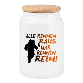Feuerwehr - Alle rennen raus - wir rennen rein! - Keksdose mit Holzdeckel - Weiß - Vorne
