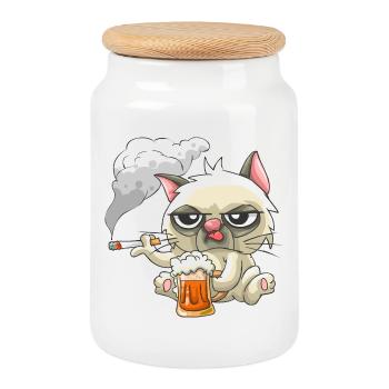 Bad Cat - Cookie Jar with Wooden Lid - white - Front
