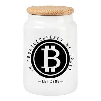 Bitcoin - in der Kryptowährung vertrauen wir - Keksdose mit Holzdeckel - Weiß - Vorne