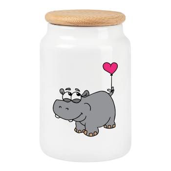 Hippopotame avec un ballon en cœur - Boîte à biscuits avec couvercle en bois - blanc - Devant