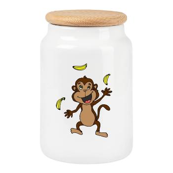 Animal motif monkey juggles with bananas - Cookie Jar with Wooden Lid - white - Front
