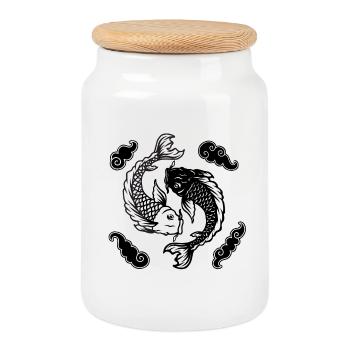 Koi Yin Yang Spirit - Cookie Jar with Wooden Lid - white - Front