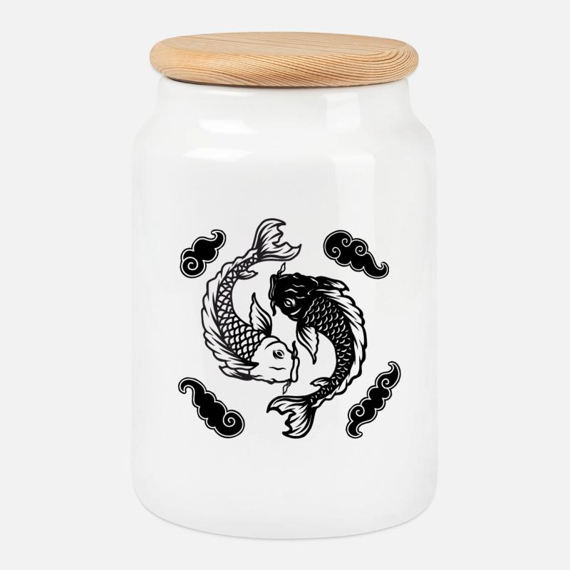 Koi Yin Yang Spirit - Keksdose mit Holzdeckel - Weiß
