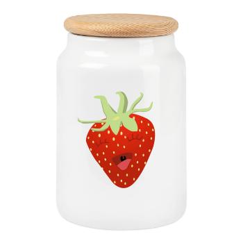 Dessin animé de fraise rieur - Boîte à biscuits avec couvercle en bois - blanc - Devant