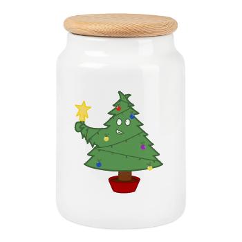 Lächelnder Weihnachtsbaum mit Lichtern - Keksdose mit Holzdeckel - Weiß - Vorne