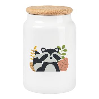 Kawaii Raccoon with Autumn Leaves – Cute Forest - Cookie Jar with Wooden Lid - white - Front
