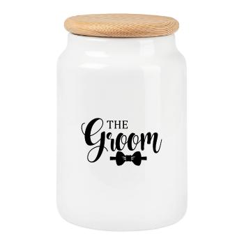 The Groom Minimalist Design - Cookie Jar with Wooden Lid - white - Front