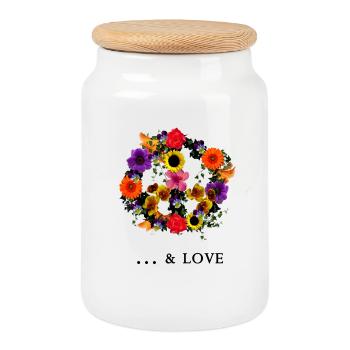 peace & love - Cookie Jar with Wooden Lid - white - Front