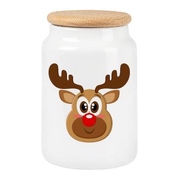 Cute baby reindeer face Christmas Xmas - Cookie Jar with Wooden Lid - white - Front