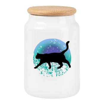 Black cat - Cookie Jar with Wooden Lid - white - Front