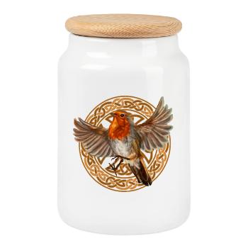 Robin bird - Cookie Jar with Wooden Lid - white - Front