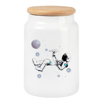 Astronaute. Astronaute qui joue. Avion papier - Boîte à biscuits avec couvercle en bois - blanc - Devant