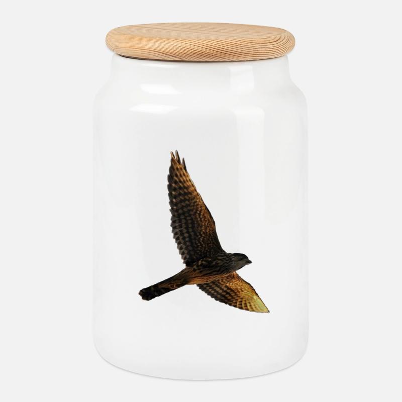 Falke fliegt. Greifvogel - Keksdose mit Holzdeckel - Weiß