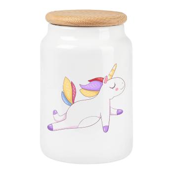 Buntes Einhorn sitzend, Pastellmuster - Keksdose mit Holzdeckel - Weiß - Vorne