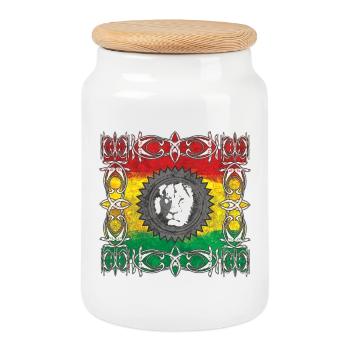 Lion Portrait with Colored Flag - Cookie Jar with Wooden Lid - white - Front
