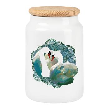 Élégante paire de cygnes aux motifs de rivière - Boîte à biscuits avec couvercle en bois - blanc - Devant